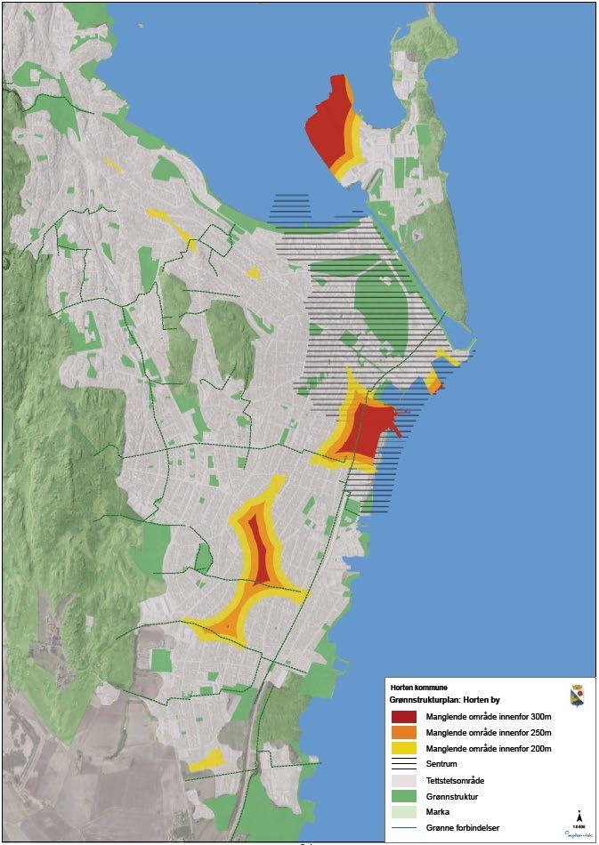Figur 46: Kartet viser dekning av grønnstruktur i Horten, og områder som mangler grønnstruktur.
