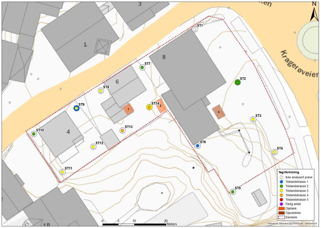 Fermannsbakken 4, 6 og 8. Kragerø Miljøteknisk grunnundersøkelse, datarapport multiconsult.no Resultater Figur 5. Prøvepunktene fargelagt etter påvist forurensningstilstand jf. TA-2553.