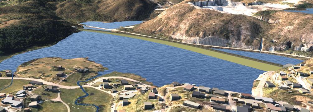 Figur 6-9: Utsnitt fra vegmodell av S5 ved Gaupåsvatnet. Modellen er noe misvisende fordi fyllingen i øst vil trolig bygges som bru. Utsnitt tatt fra sørvest.