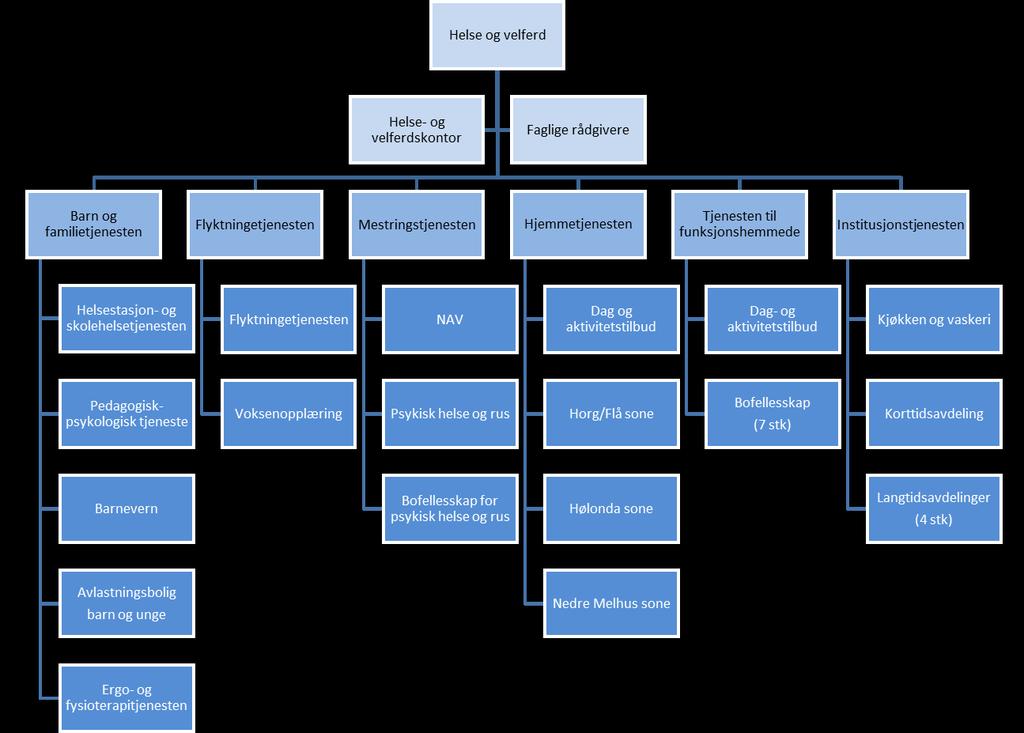 Figur 6: Ny organisering av helse og velferdstjenestene fra 30.06.19 Vedlegg: 1. Agenda Kaupang: Organisasjonsgjennomgang 2017 2. Samlet saksfremstilling 06.03.18 3. Arbeidsgruppenes mandat 4.