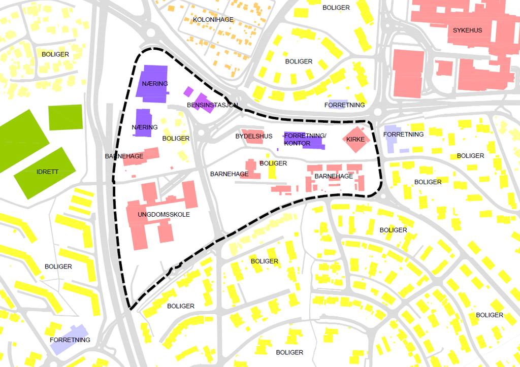 Kartutsnitt av offentlige og private eiendommer, Stavanger kommune Dagens arealbruk Området fremstår i dag som ferdig utbygd og omfatter