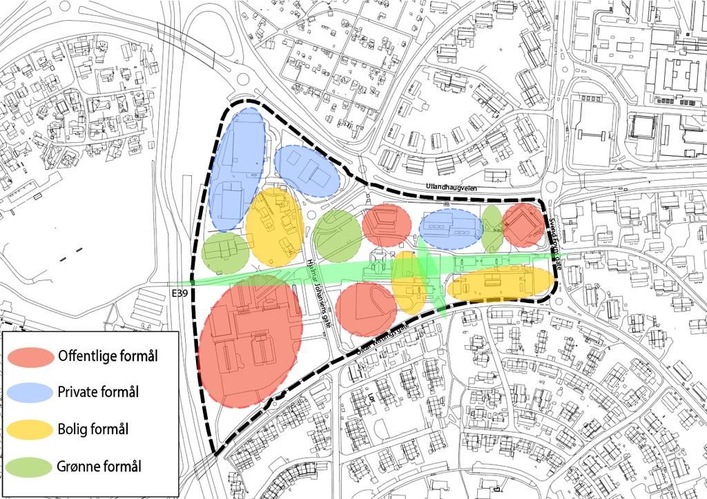Gjeldende reguleringsplaner for området viser areal regulert til offentlig bygg - undervisning, kirke (rødt), allmennyttig formål - bydelshus (brunt), industri (lilla), forretning/kontor (gråblå),