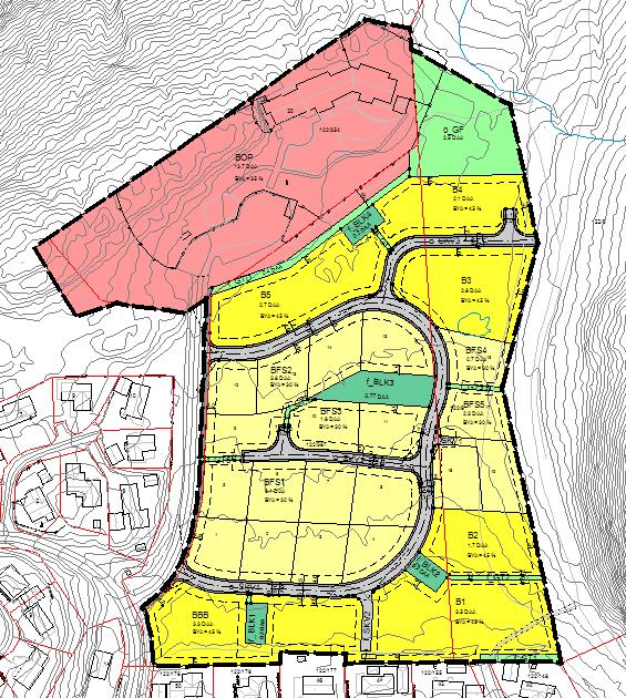 f_gt: Plankartet har innregulert flere felles turstier, som er ment å gi adkomst til utmarka gjennom boligområdet. o_gf: Eks.