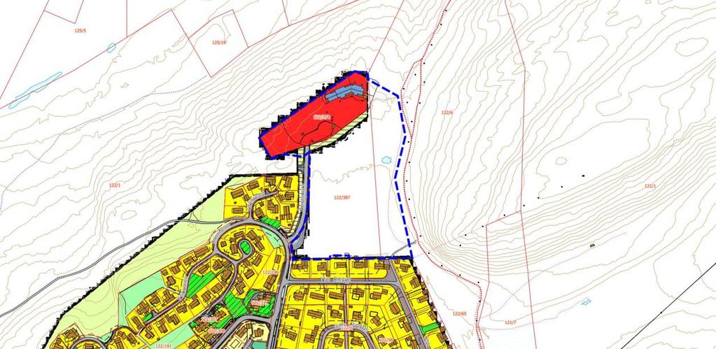 4.2 Gjeldende reguleringsplaner Figur 3 Kartutsnitt viser planområdet og gjeldende plankart for nordlig del og naboområder Planområdets nye byggeområde er uregulert pr i dag.