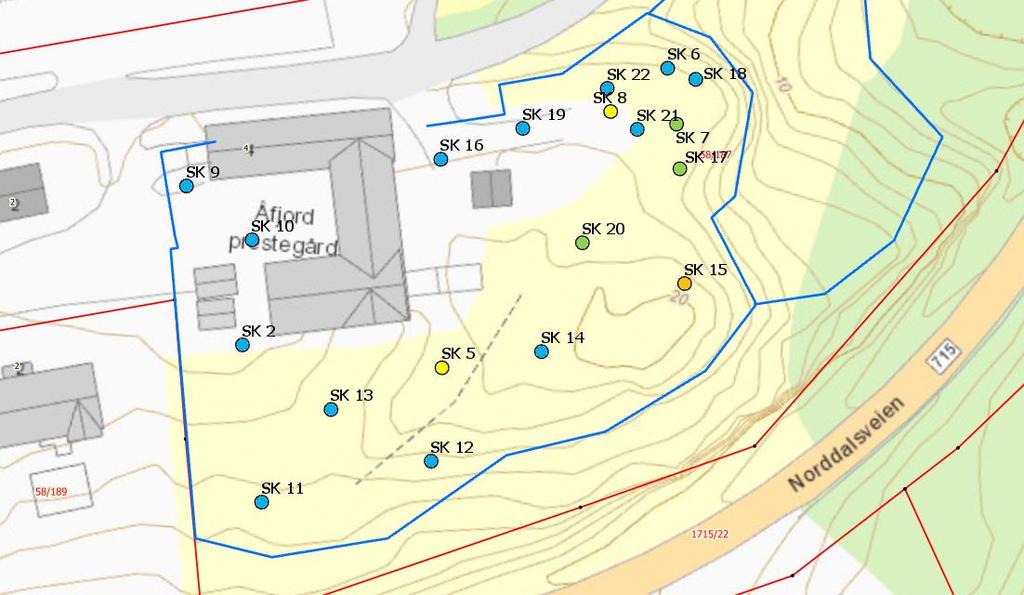 Prestegårdslåven, Åfjord Miljøgeologisk rapport med tiltaksplan multiconsult.no 4 Resultater Figur 4: Situasjonsplan som viser prøvepunktene fargelagt etter høyeste påviste forurensningsnivå iht.