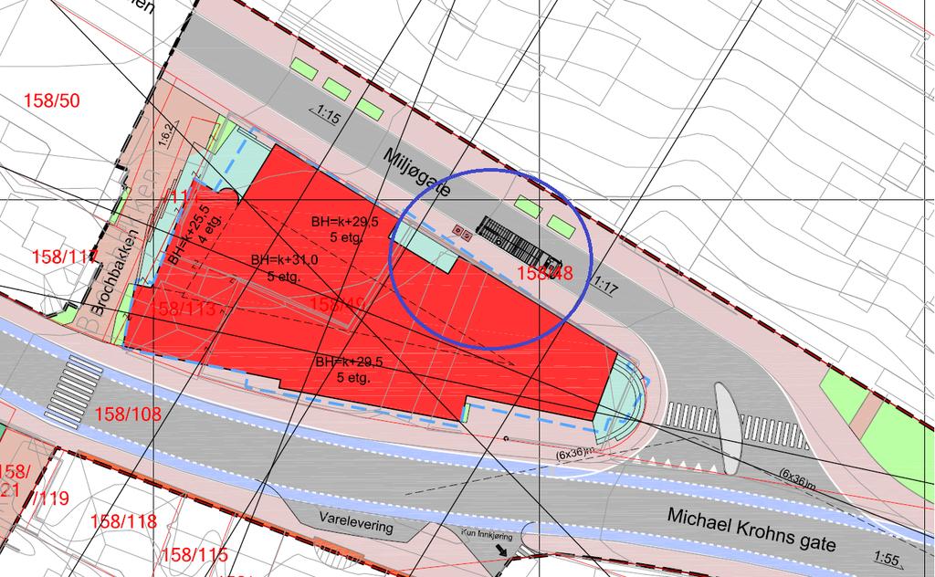 Renovasjon og varelevering Varelevering og renovasjon foreslås løst ved stopp i Damsgårdsveien, viser til figur 10. Det foreslås å etablere to containere for mobilt avfallssug.