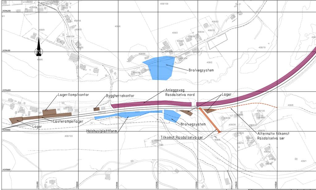 YM-plan Side: 6 av 49 Figur 2: Oversikt over anleggsarealer i vestre del av tiltaksområdet. Utsnitt fra tegning nr. BOL-00-X-19000. Tegningen er ikke revidert ift. forrige løsning.