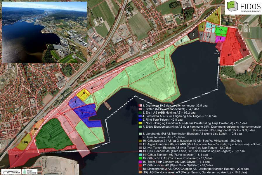 3.7 Eierforhold Eidos Eiendomsutvikling AS er et eiendomsselskap som eies av Lier kommune (55%), Drammensregionens interkommunale havnevesen (30%) og Rom Eiendom AS (15%). Selskapet eier ca.