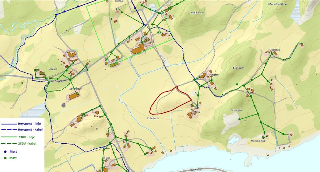 HAUG BOLIGOMRÅDE 17 (38) Overvann: Planområdet ligger på høyde i terrenget, kote 15-25 m. Bekken som renner gjennom Kalvdalen, nedstrøms planområdet, har aktsomhetsområde for flom.