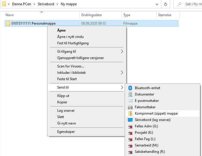 ) Komprimer mappen / Når du har funnet frem mappen du skal overføre, skal denne lagres med fødselsnummeret ( siffer) til den ansatte som tittel. Deretter må mappen komprimeres.