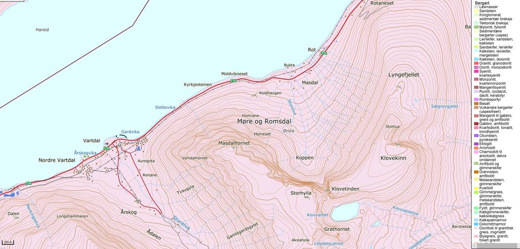 Figur 19 Bergrunnskart (NGU) viser planarealet i massivt gneisområde. 8.