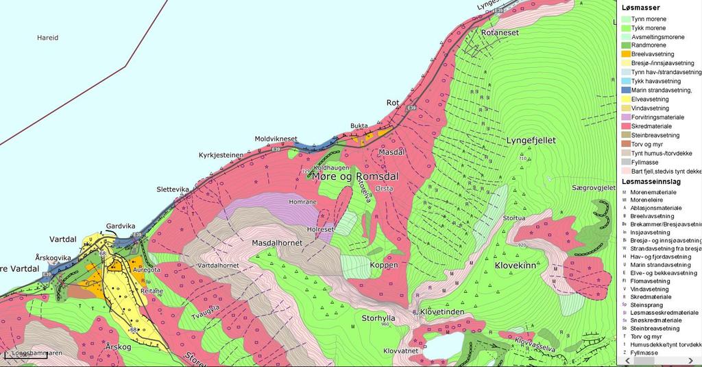 Figur 23 Løsmassekart/ kvartærgeologiske kart 1:250 000 (NGU) Kvartærgeologiske kart beskriver løsmassedekke med informasjon om type og mektighet av løsmasser og overflateformer (bla.