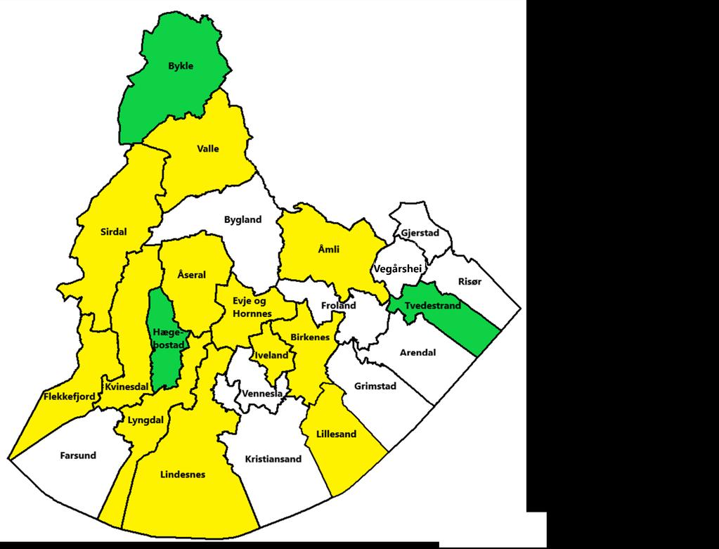 Kommune Småkraftpotensial [MW] Status Begrensning Arendal 0 Hvit Birkenes 14,2 Gul Nettkapasitet regionalnett / transformeringskapasitet regionalnett - sentralnett Bygland 0 Hvit Bykle 3,7 Grønn Evje