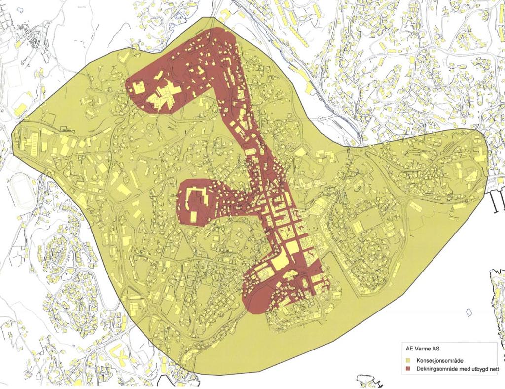 Figur 21 Konsesjonsområde og dekningsområde for utbygd fjernvarmenett i Arendal Maksimalt temp.