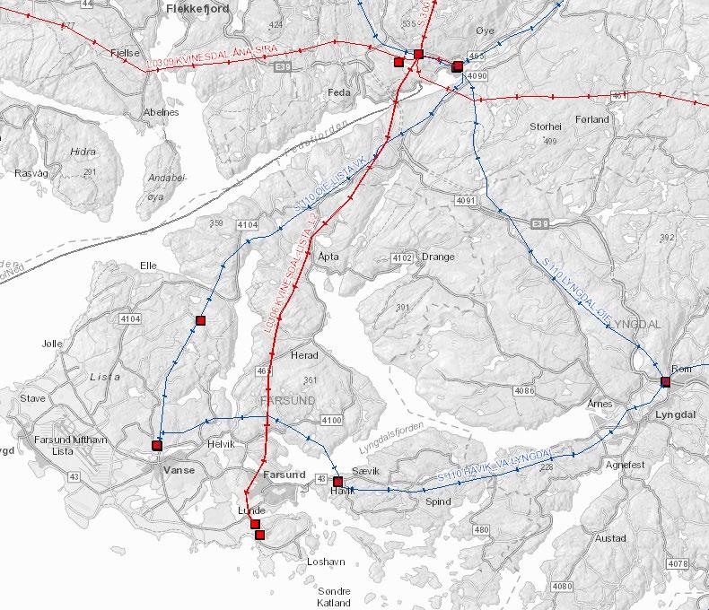 Figur 33 Oversikt over Lister-området med mange planer om ny kraftkrevende industri. Kilde: NVE Temakart 20.