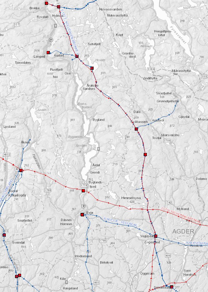 Figur 34 Oversikt over området med mange planer om ny vindkraft. Kilde: NVE Temakart 20.