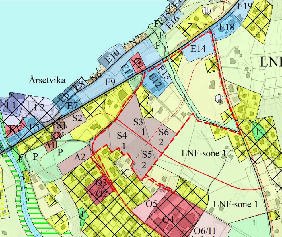 Side 10 av 44 Nasjonal arealplan-id: 2017001 Utsnitt frå kommunedelplan for Vartdal (RTK-0110) frå 2006. Planområdet vist med stipla raud linje gjeld 1. varsel.