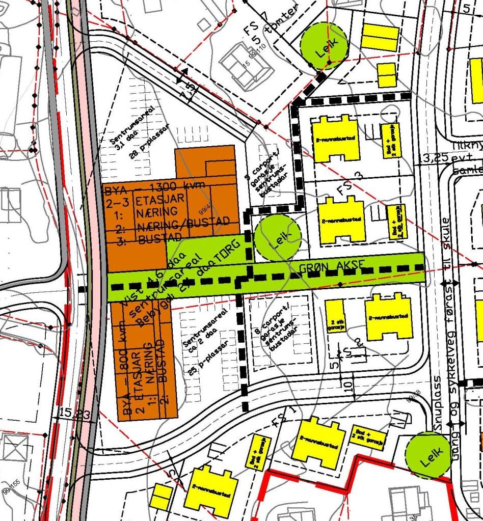 Side 25 av 44 Nasjonal arealplan-id: 2017001 Forslag til utbygging av senterområde. Utsnitt av illustrasjonsplan for disponering av planområdet.