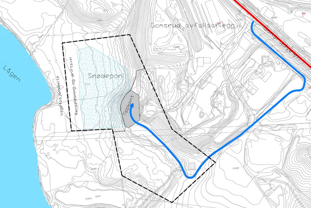 28 (58) GOMSRUD SNØDEPONI for lagring av ca. 100 000 m 3 snø. Det er planlagt å etablere en tippkant som er ca.