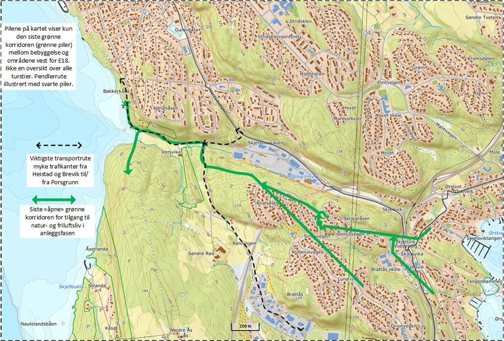 Figur 1: Kartet viser med grønne piler kun den ene «grønne» korridoren som ikke er berørt i anleggsfasen for ny E18.