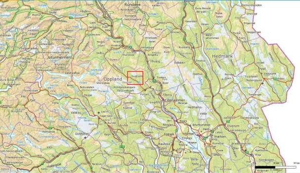 5 Figur 2. Den røde firkanten markerer hvor utbyggingsområdet er geografisk plassert. Som en ser så ligger utbyggingsområdet ca 4 mil nordvest for Lillehammer.