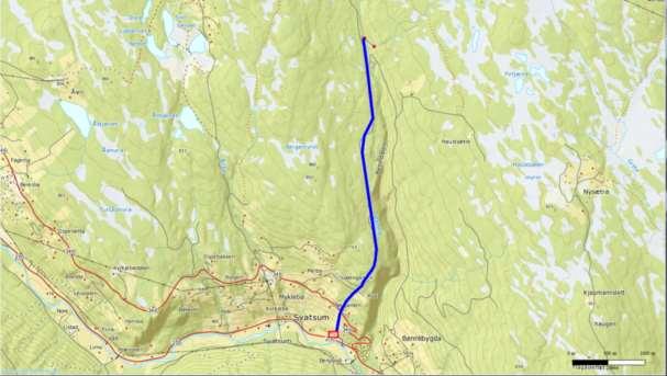 Kartutsnittet viser de viktigste direkte naturinngrepene for det planlagte prosjektet i form av inntak, bekkeoverføring, rørgate (blått), avløp og kraftstasjon (rødt).