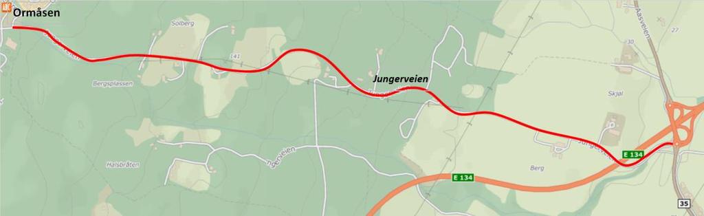 1 Situasjon Boligfeltet som skal bygges ligger vest for E134 som vist i figurene under. Figur 1: Beliggenheten til Ormåsen i forhold til omkringliggende områder.