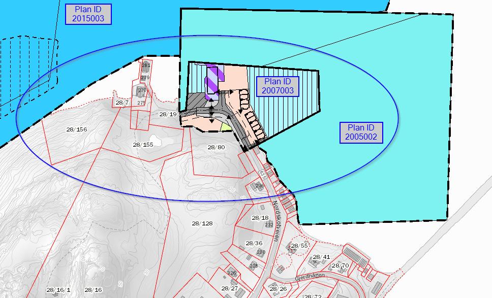 Figur 3: Gjeldende reguleringsplaner. Planområdets beliggenhet (nordre del) vist med blå ellipse. Kilde: Nordlandsatlas, bearbeidet av Norconsult. Søndre del Søndre del av planområdet er uregulert.