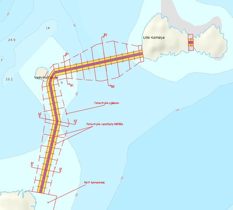 Figur 3: Utsnitt av plan. Moloen foreslås anlagt slik at volumet av nødvendige steinmasser blir mest mulig optimalt ut i fra vanndybde og funksjon.