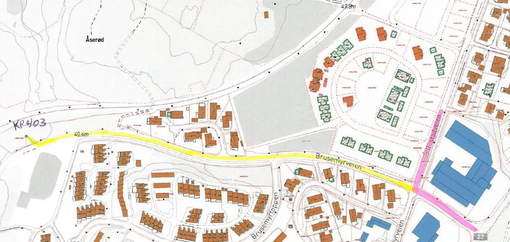 Ref. 12 Omlegging VA Brusemyrveien Utløst av egne kjente behov Omlegging eksisterende VA-ledninger i Brusemyrveien på strekningen KP403 til Jellestadvn pga. dårlig kapasitet og driftsproblemer.