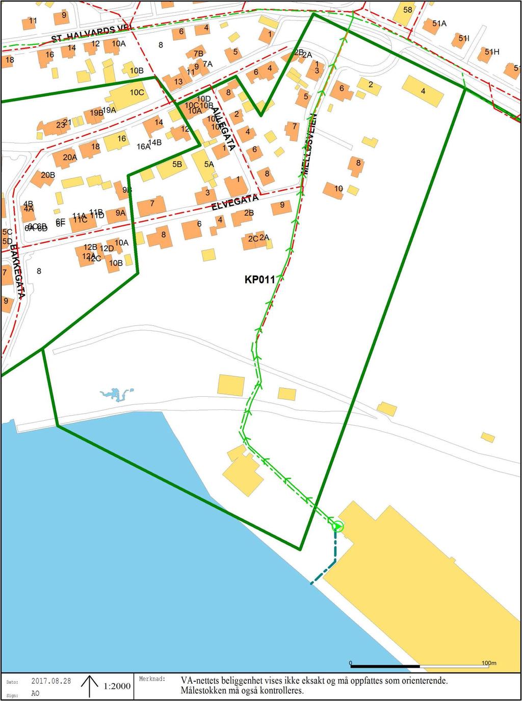 Ref. 15 - Ny avløpstasjon Elvegata Plassering ny kommunal stasjon Denne AF-ledningen endres til OV