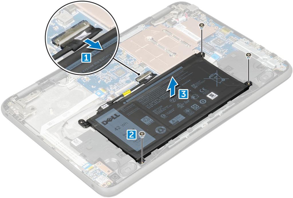 Sette i batteriet 1. Plasser batteriet i sporet i datamaskinen. 2. Koble batterikabelen til kontakten på batteriet. 3. Fest de M2x3-skruene som fester batteriet til datamaskinen. 4. Sett på plass: a.