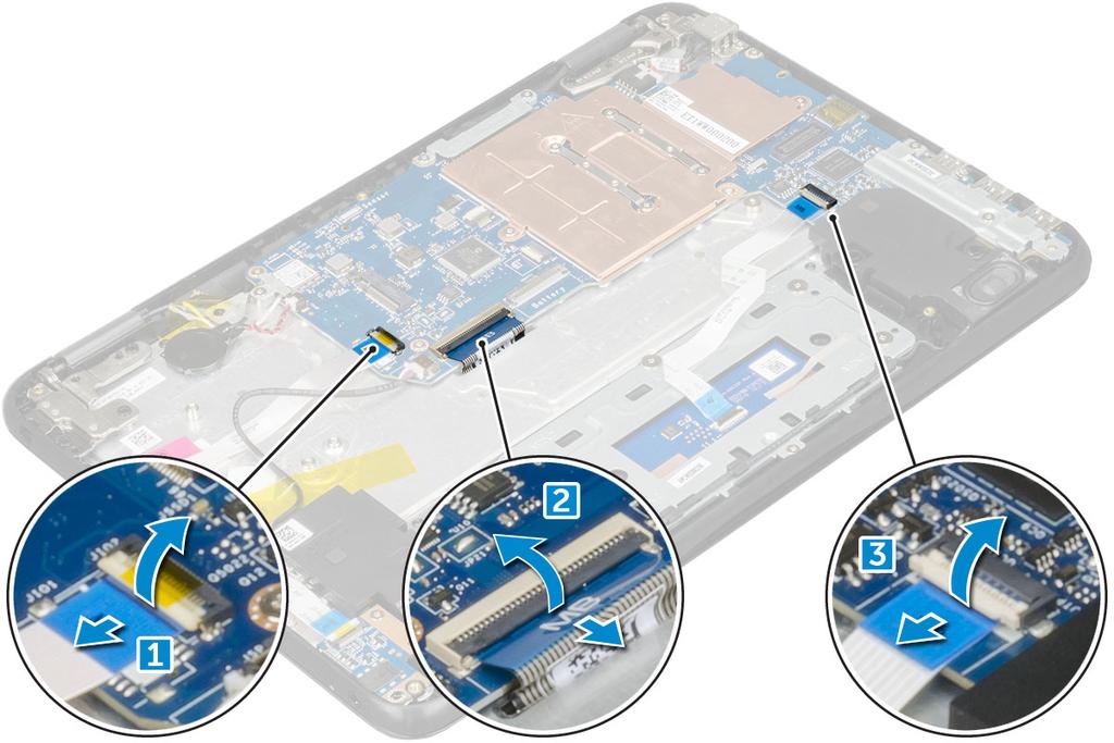 5. Sett på plass: a. batteri b. bunndeksel c. microsd-kort 6. Følg fremgangsmåten i Etter at du har arbeidet inne i datamaskinen. Hovedkort Ta ut hovedkortet 1.