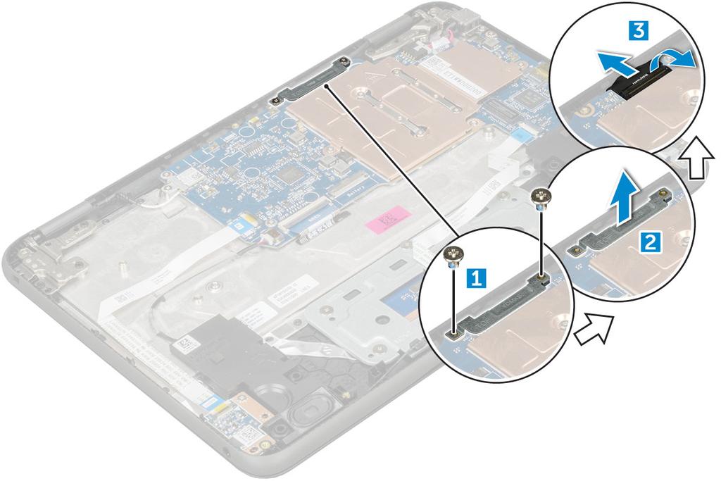 a. microsd-kort b. bunndeksel c. batteri 3. Slik tar du ut skjermkabelen: a. Fjern M2.0xM3.0-skruene, og løft metallbraketten som fester skjermkabelen til datamaskinen [1, 2]. b. Løft låsen, og koble fra kabelen [3].