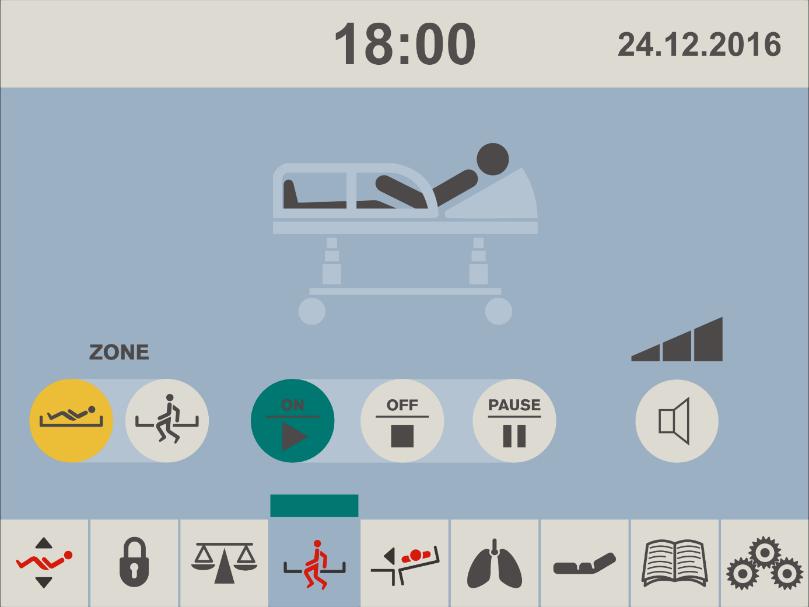 12.3 Kontroll over overvåking av utstigning fra sengen 1 2 9 8 1. Sengebilde 2. Indre sone-ikon 3. Ytre sone-ikon 4. PÅ-ikon (aktivering) 5. AV-ikon (deaktivering) 6. PAUSE-ikon 7. VOLUM-ikon 8.