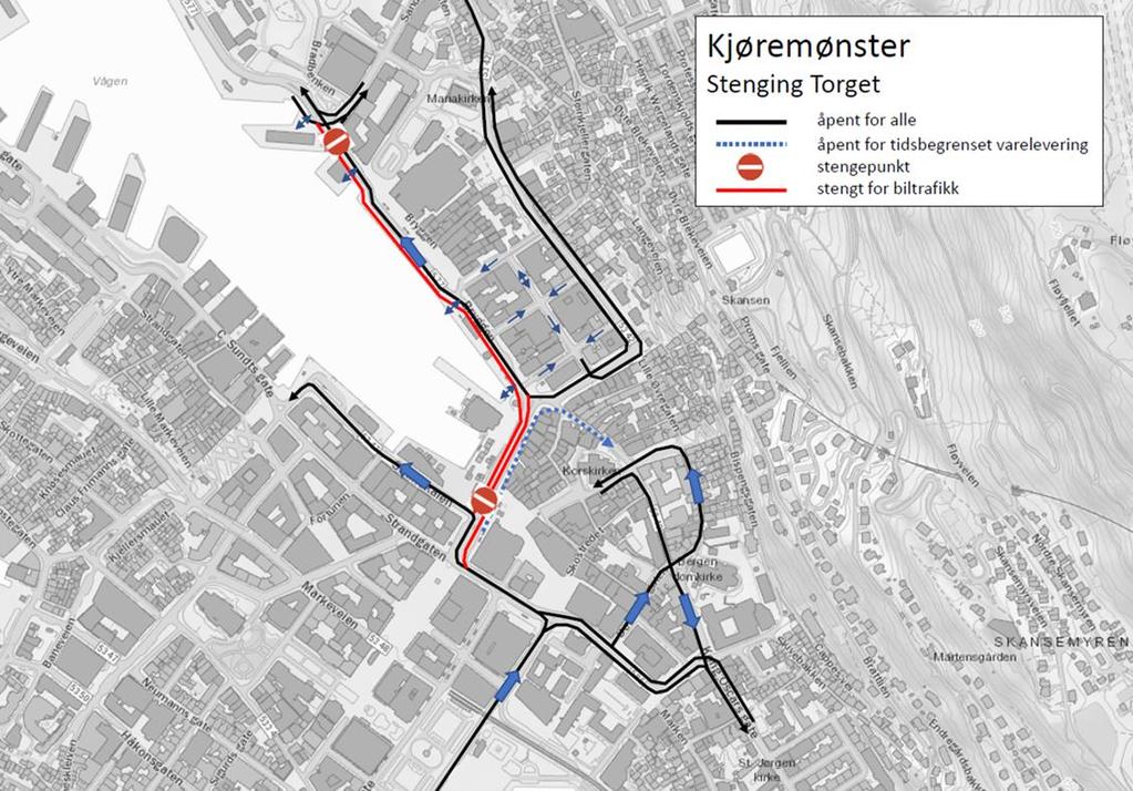 Sentrumsgruppen anbefalte på denne bakgrunn en trafikkløsning med stengning i snittet over Torget.