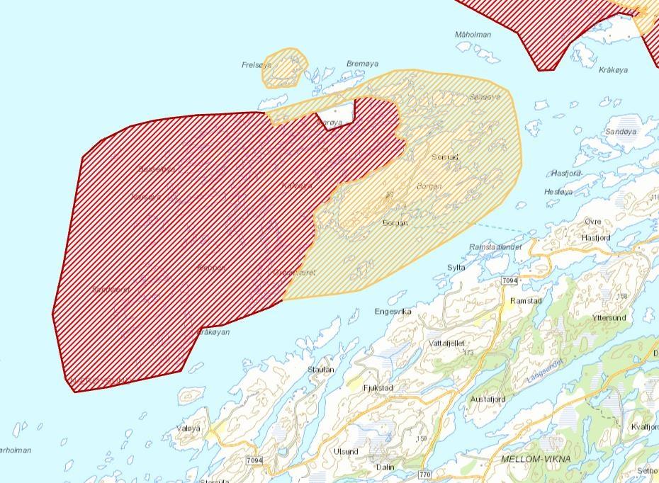 Figur 3: Borgan og Frelsøy naturreservat er skravert i rødt, dyrelivsfredningen i oransje.