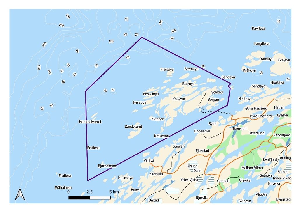 Figur 1: Arbeidsgrense for Borgan Frelsøy marine verneområde, satt at Rådgivende utvalg for marin verneplan i 2004. Tillatelse NorgeDigitalt.