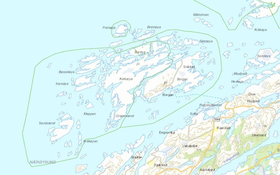 Figur 2: Borgan og Frelsøy naturreservat og dyrelivsfredning. Grønn linje markerer vernegrensen.