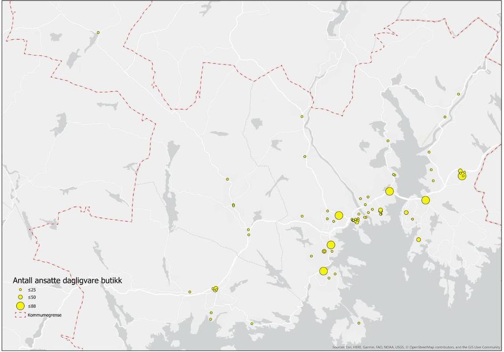 De største matbutikkene eller matbutikkonsentrasjonene finnes på Tangvall, Sagmyra/Kjoskrysset, Vågsbygd, Grim, Kvadraturen, Marviksletta, langs E18 rett ved avkjørselen ved Vollevannet, Rona og