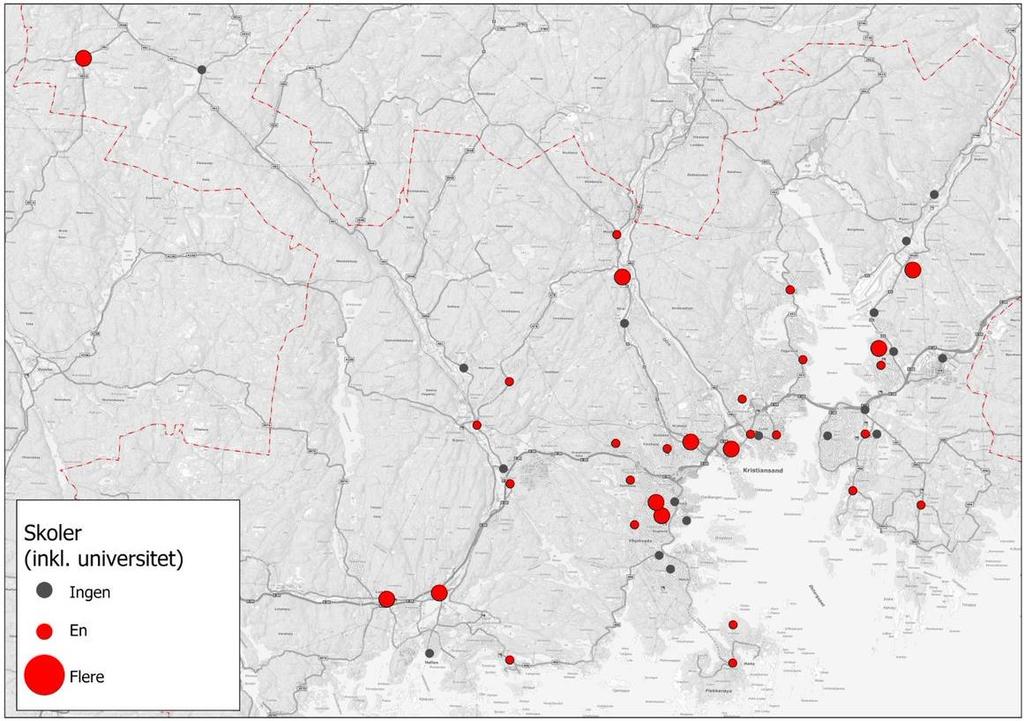 Skoletilbudet Skolene ligger spredt rundt i hele kommunen, både i og utenfor sentre. I 2019 er det totalt 55 barne- og ungdomsskoler og 7 videregående skoler i dagens Kristiansand.