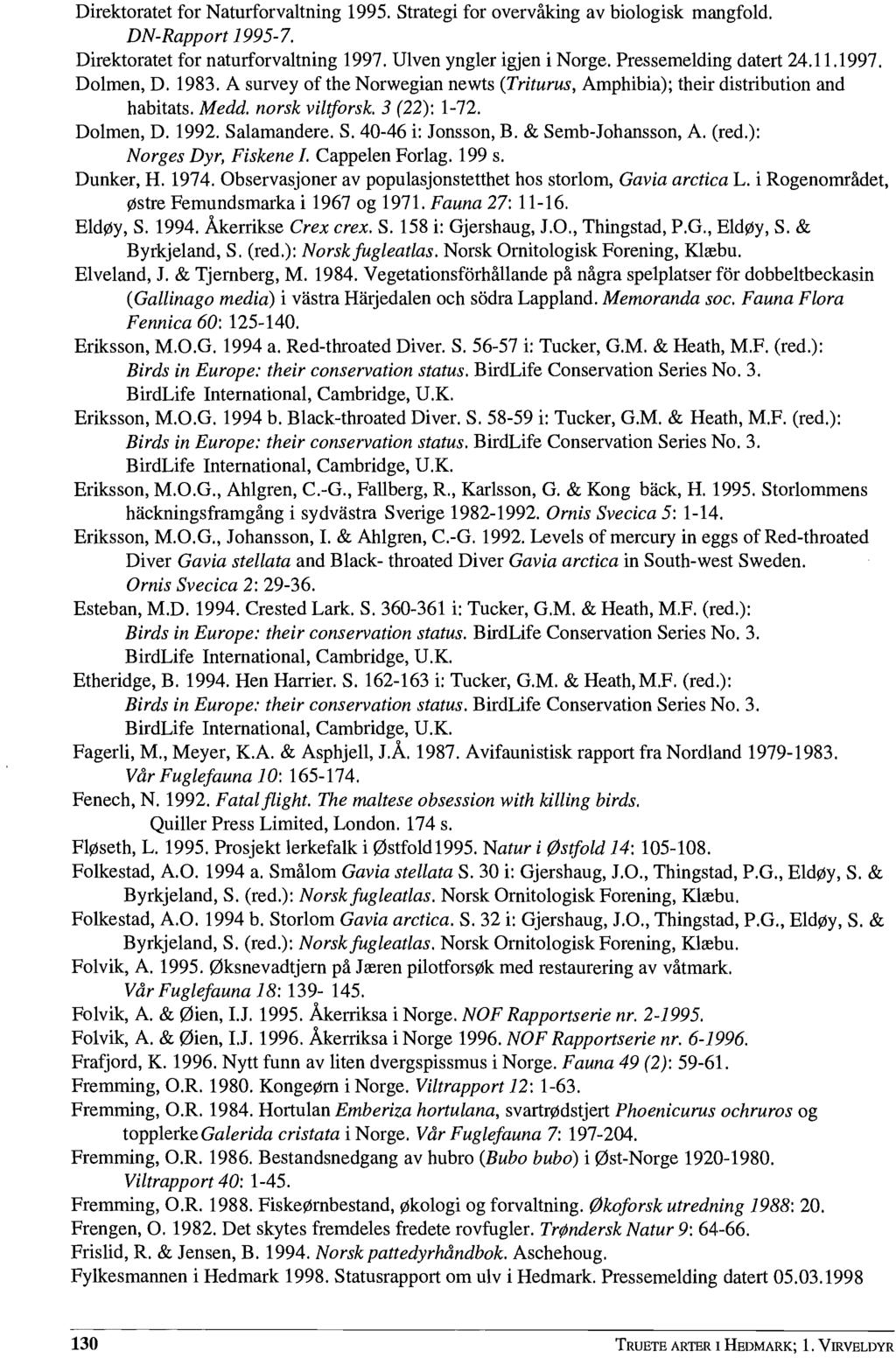 Direktoratet for Naturforvaltning 1995. Strategi for overvåking av biologisk mangfold. DN-Rapport 1995-7. Direktoratet for naturforvaltning 1997. Ulven yngler igjen i Norge. Pressemelding datert 24.