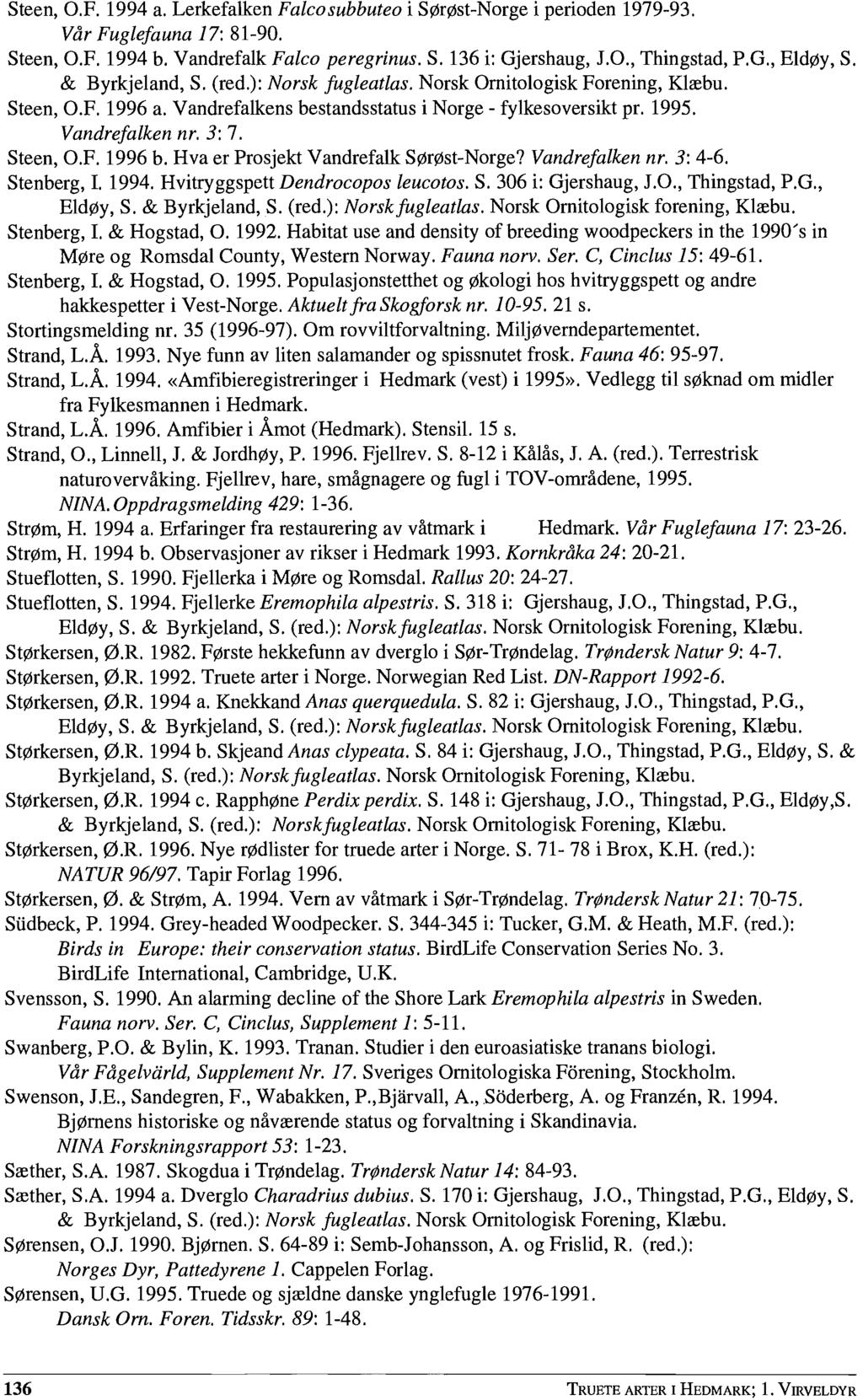 Steen, O.F. 1994 a. Lerkefalken Falcosubbuteo i Sørøst-Norge i perioden 1979-93. Vår Fuglefauna 17: 81-90. Steen, O.F. 1994 b. Vandrefalk Falco peregrinus. S. 136 i: Gjershaug, J.O., Thingstad, P.G., Eldøy, S.