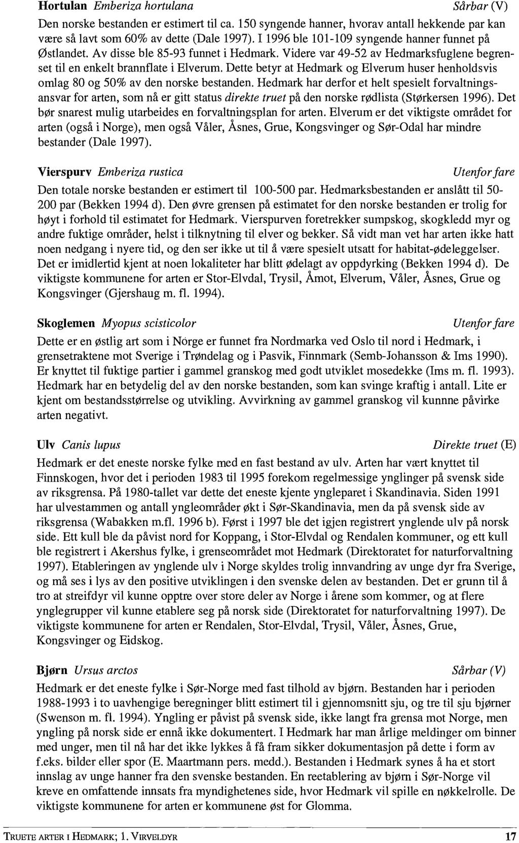 Hortulan Emberiza hortulana Sårbar (V) Den norske bestanden er estimert til ca. 150 syngende hanner, hvorav antall hekkende par kan være så lavt som 60% av dette (Dale 1997).