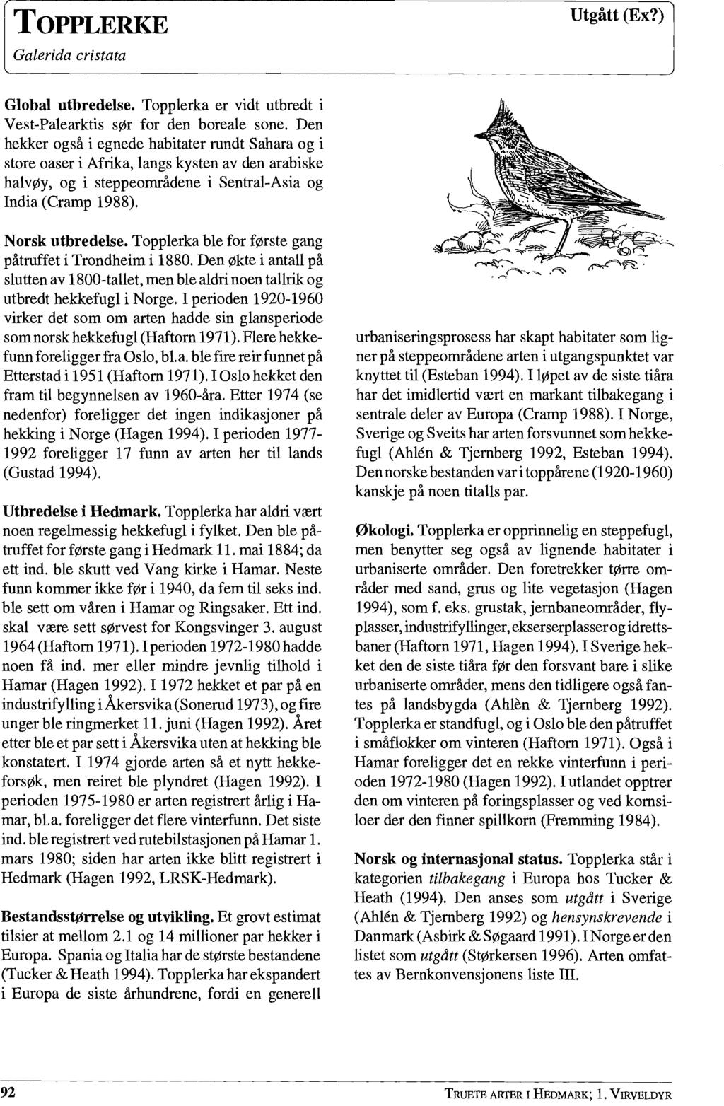TOPPLERKE Galerida cristata Utgått (Ex?) Global utbredelse. Topplerka er vidt utbredt i Vest-Pale arktis sør for den boreale sone.