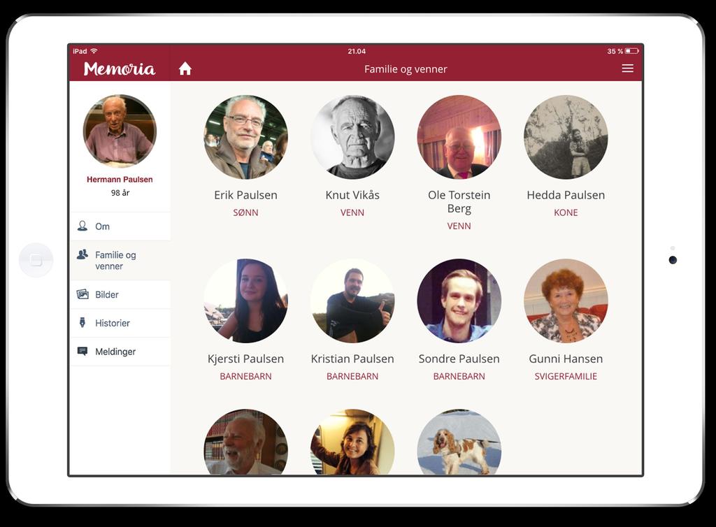 Memoriaprofilen på nettbrett: Familie og venner En oversikt over relasjoner som pårørende har