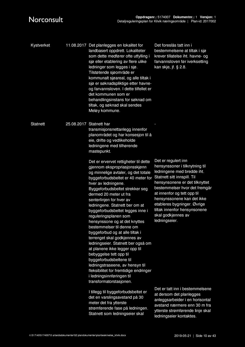 Kystverket 11.08.2017 Det planlegges en lokalitet for landbasert oppdrett. Lokaliteter som dette medfører ofte utfylling i sjø eller etablering av flere ulike ledninger som legges i sjø.