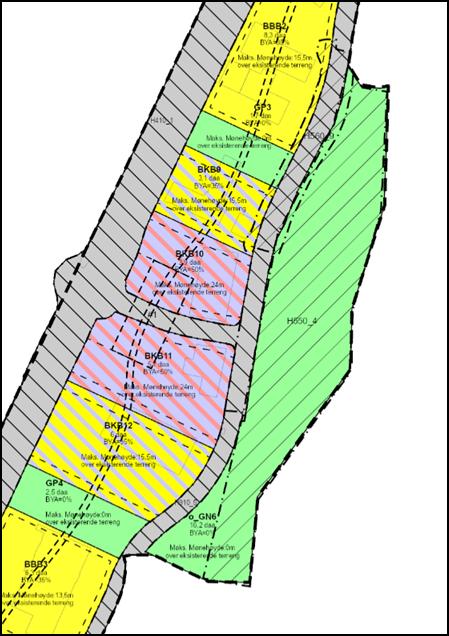 Kartutsnitt: Tidligere felt BBB5 foreslås endret til grønnstruktur. primært innenfor kvartalsstrukturen, i det halvprivate gårdsrommet.