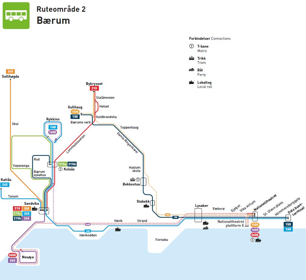 Ruteområde 2 Lommedalen / Vestre Bærum Ny operatør: Unibuss Viktigste endringer fra dagens tilbud: - 150 (Bærums verk Bekkestua Oslo), 160 (Rykkinn Sandvika Oslo), 150E og 160E får boggibuss med 10