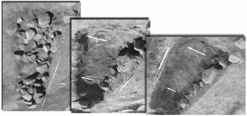 7 Figur 9. Bildene viser tre stadier i tømmingen av den S-lige halvdelen av gropa. Først steinlaget, deretter gropa etter å ha blitt gravet stratigrafisk og tømt.